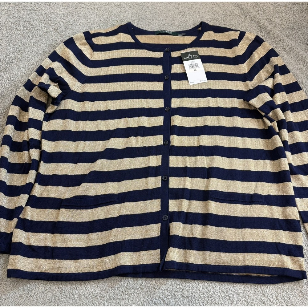 Lauren Ralph Lauren Women 2X Cardigan Navy Gold Metallic Stripe Knit Sweater NWT - Picture 3 of 13